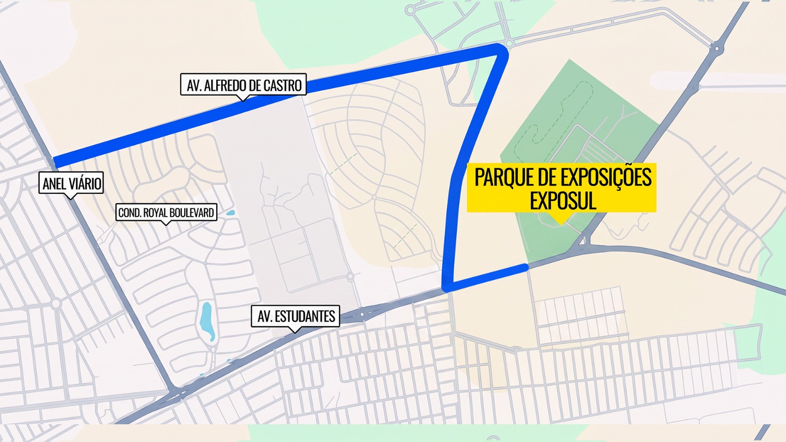 Mapa com a rota especial para o parque de exposições de Rondonópolis